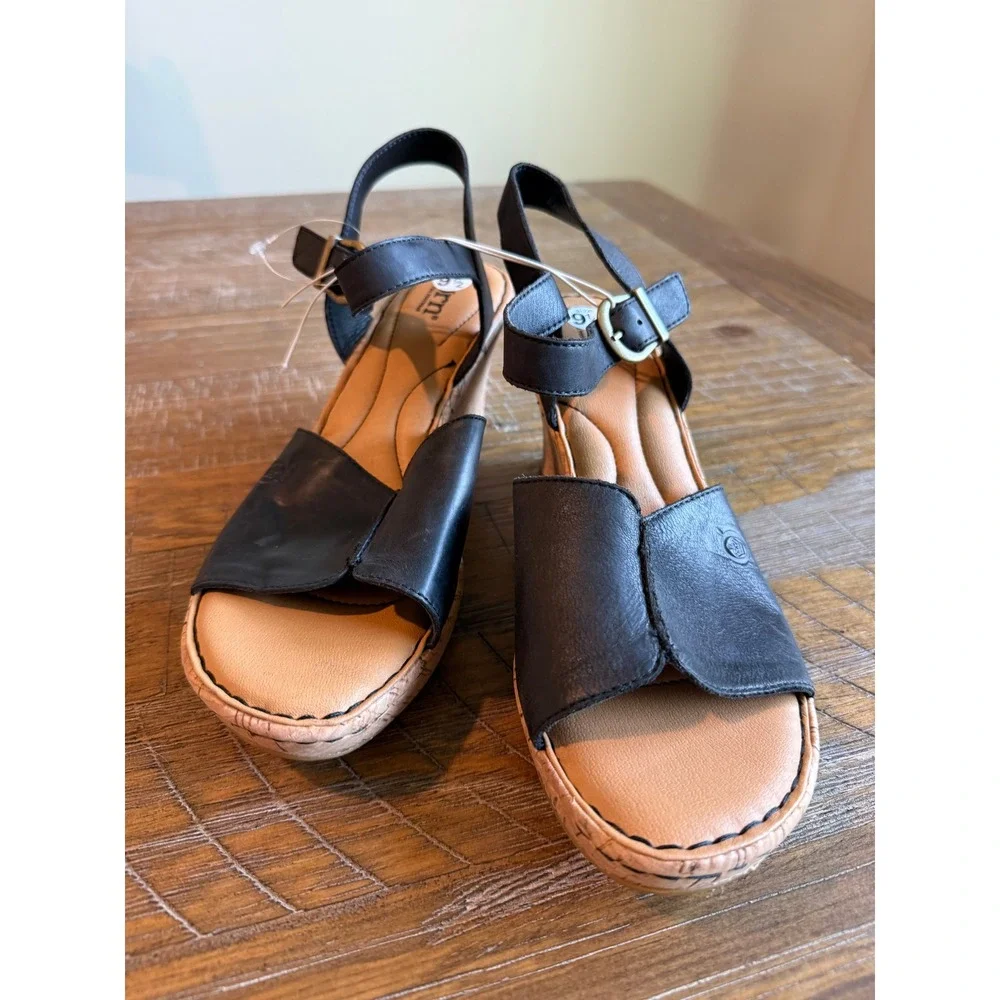 NEW Born Black Leather Cork Wedge Sandals‎ Womens 9.5 Comfort Boho Buckle Earthy